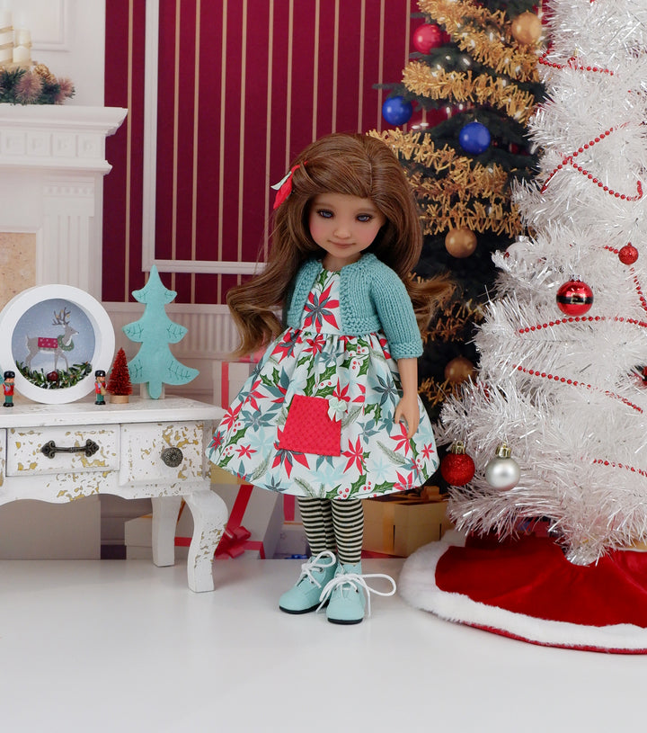 Mid Century Poinsettias - dress with sweater & boots for Ruby Red Fashion Friends doll