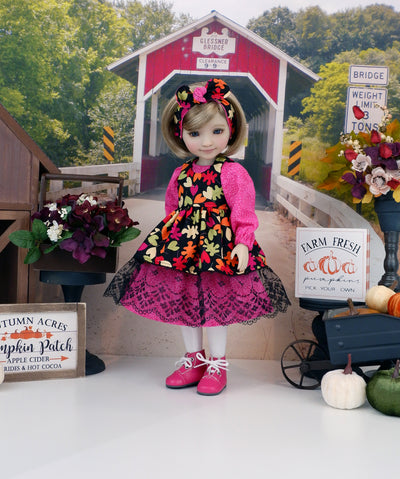 Oak Leaves - dress & pinafore with boots for Ruby Red Fashion Friends doll