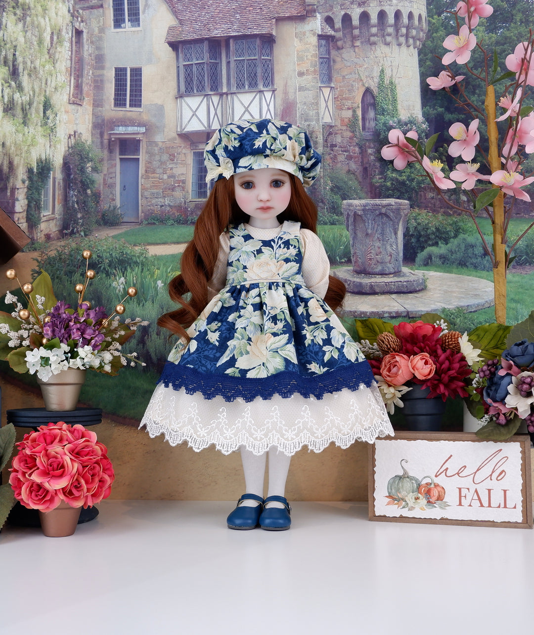 Old World Roses - dress & pinafore with hat and shoes for Ruby Red Fashion Friends doll