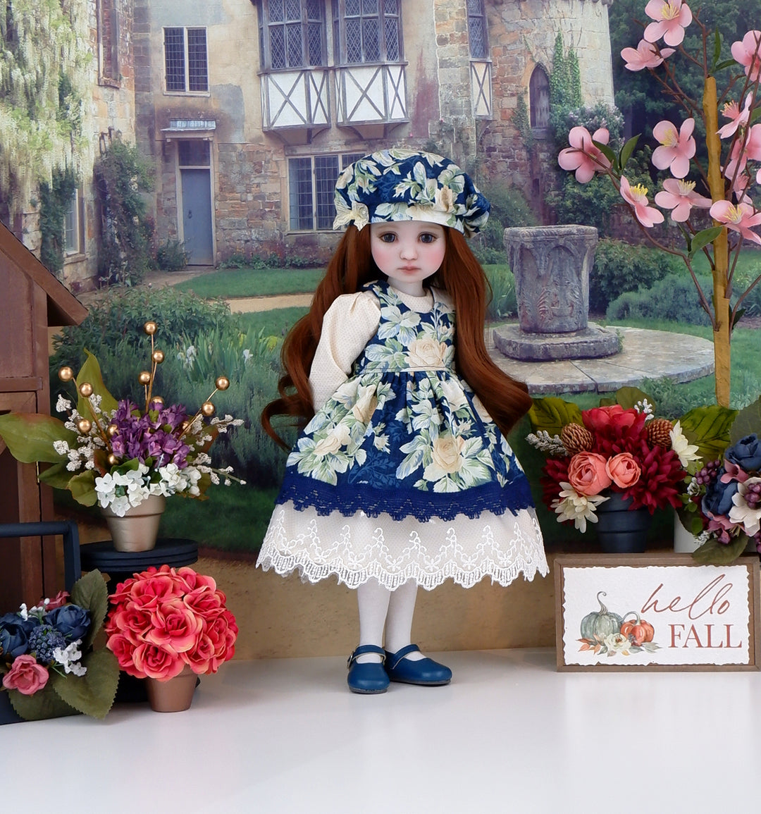 Old World Roses - dress & pinafore with hat and shoes for Ruby Red Fashion Friends doll