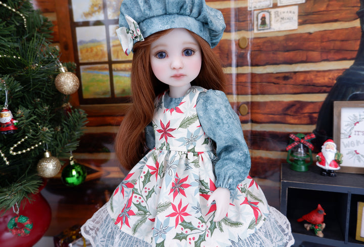 Poinsettia Flourish - dress & pinafore with shoes for Ruby Red Fashion Friends doll
