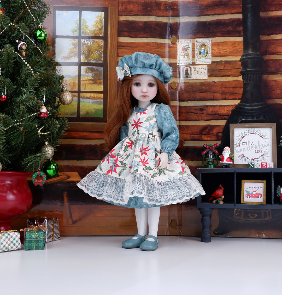 Poinsettia Flourish - dress & pinafore with shoes for Ruby Red Fashion Friends doll
