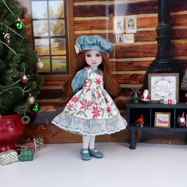 Poinsettia Flourish - dress & pinafore with shoes for Ruby Red Fashion Friends doll