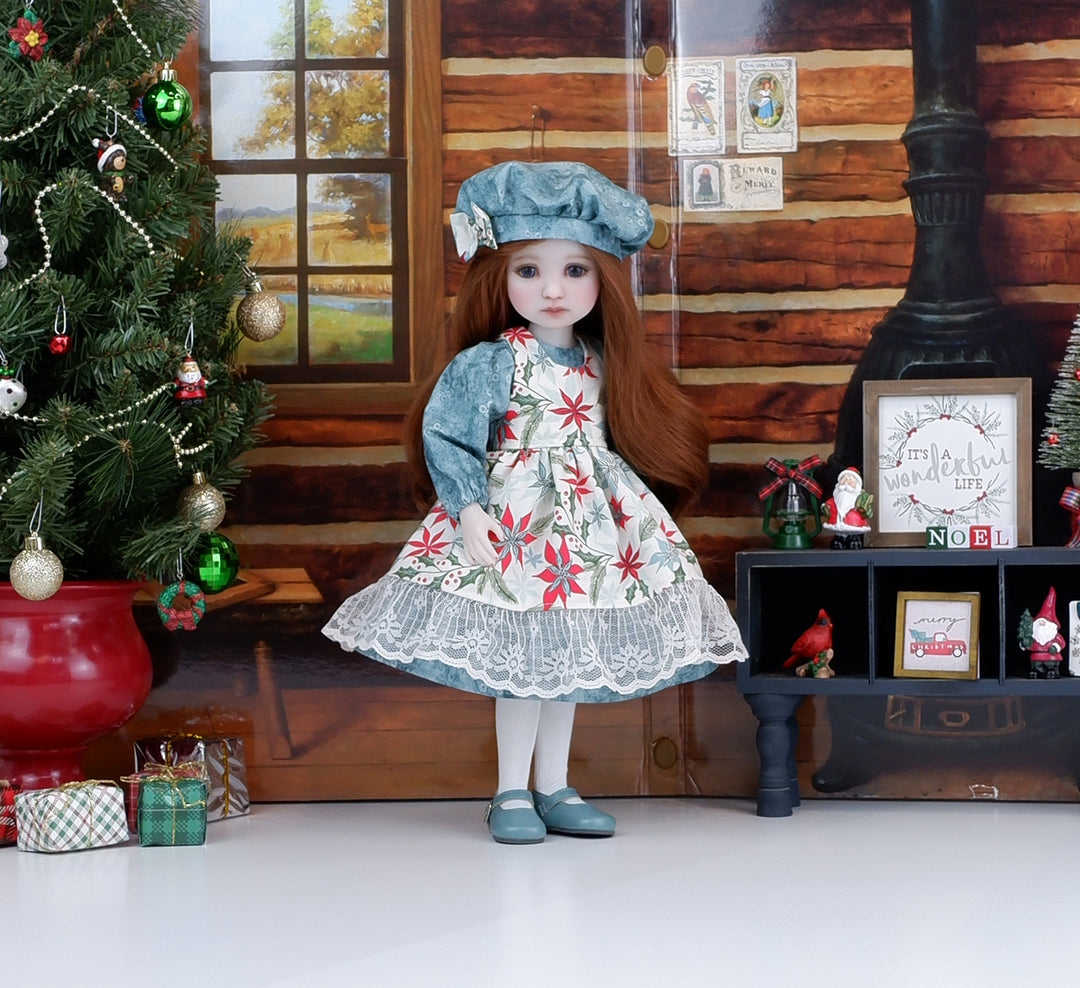 Poinsettia Flourish - dress & pinafore with shoes for Ruby Red Fashion Friends doll