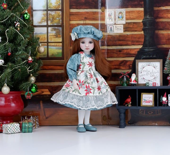 Poinsettia Flourish - dress & pinafore with shoes for Ruby Red Fashion Friends doll