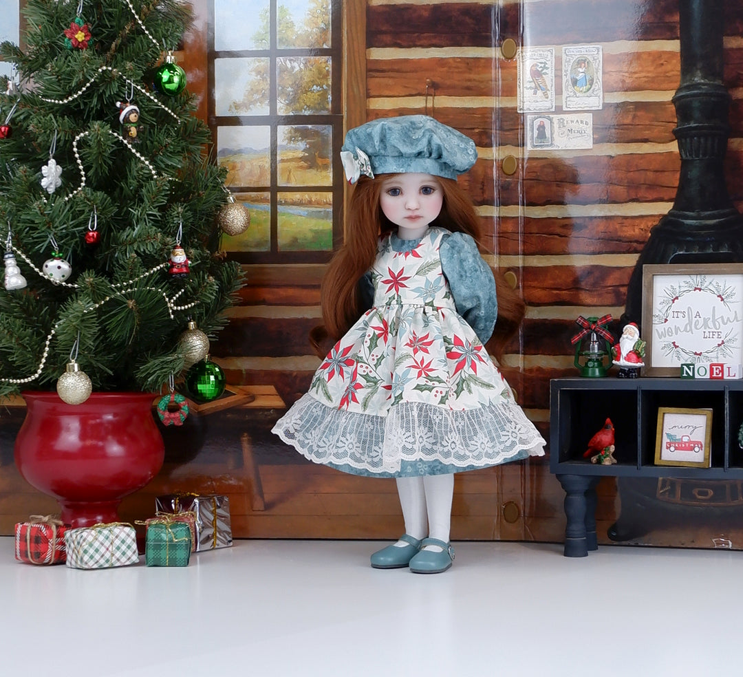 Poinsettia Flourish - dress & pinafore with shoes for Ruby Red Fashion Friends doll Poinsettia Flourish - dress & pinafore with shoes for Ruby Red Fashion Friends doll