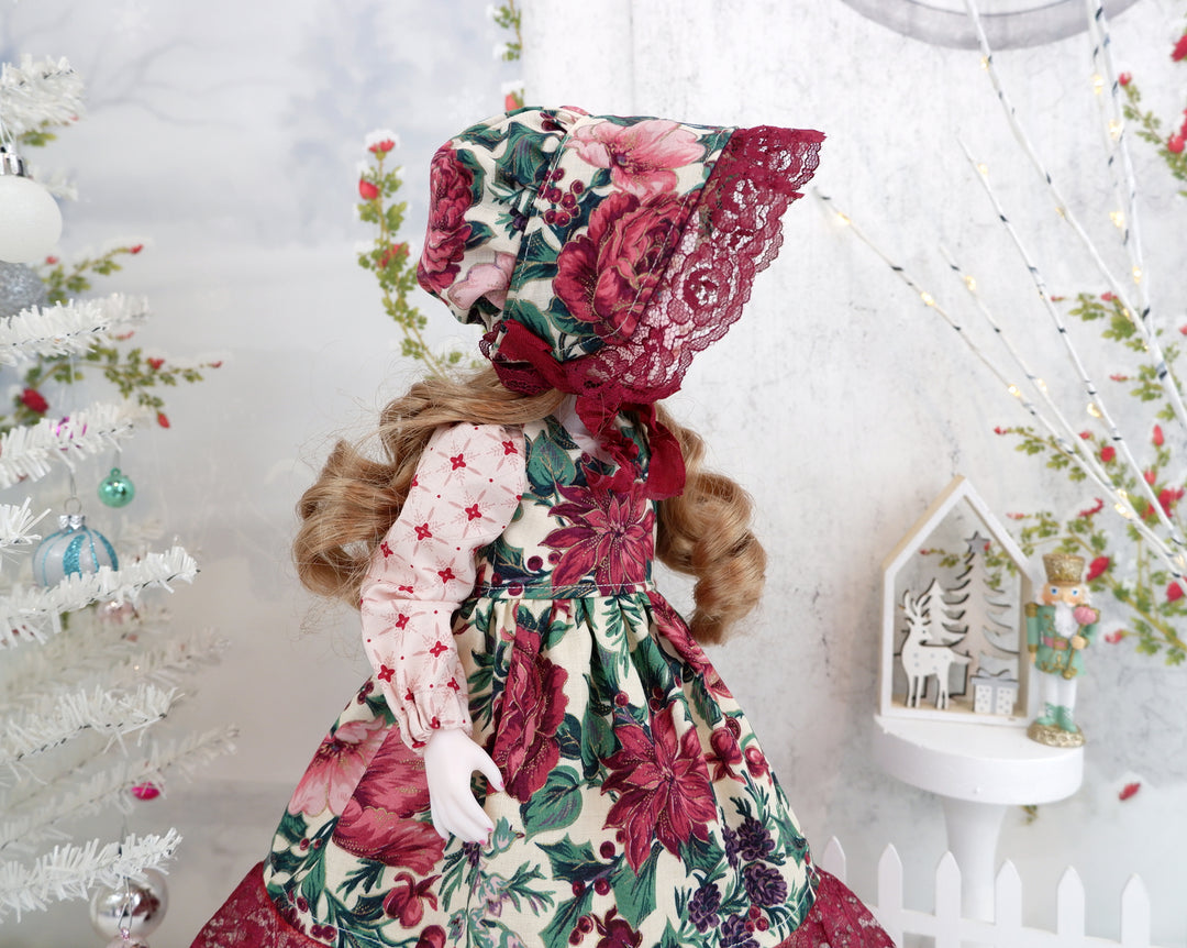 Poinsettia Tapestry - dress &amp; pinafore with boots for Ruby Red Fashion Friends doll