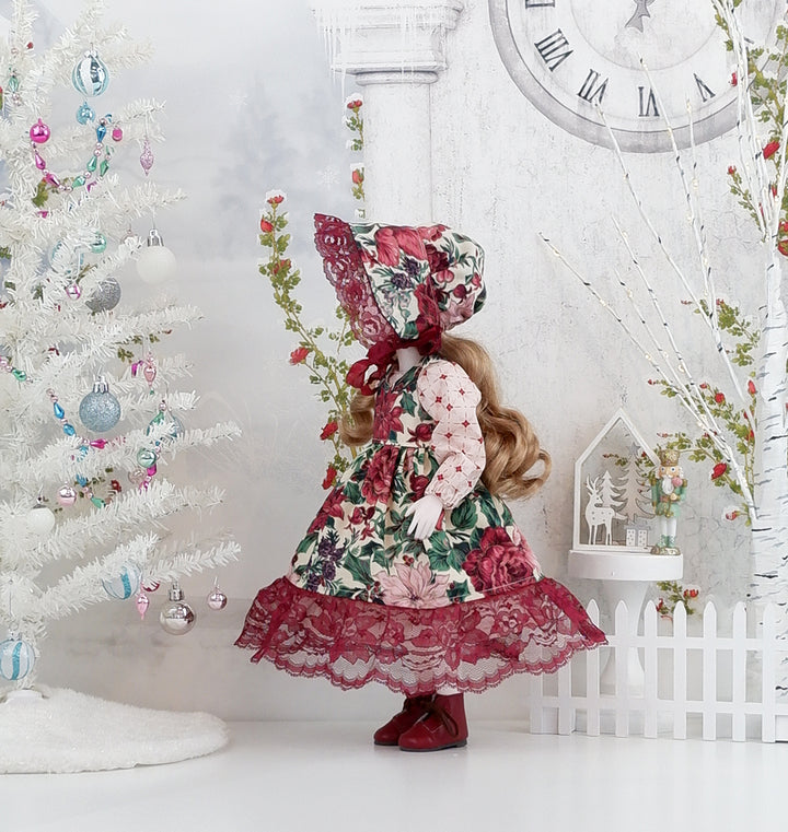 Poinsettia Tapestry - dress &amp; pinafore with boots for Ruby Red Fashion Friends doll