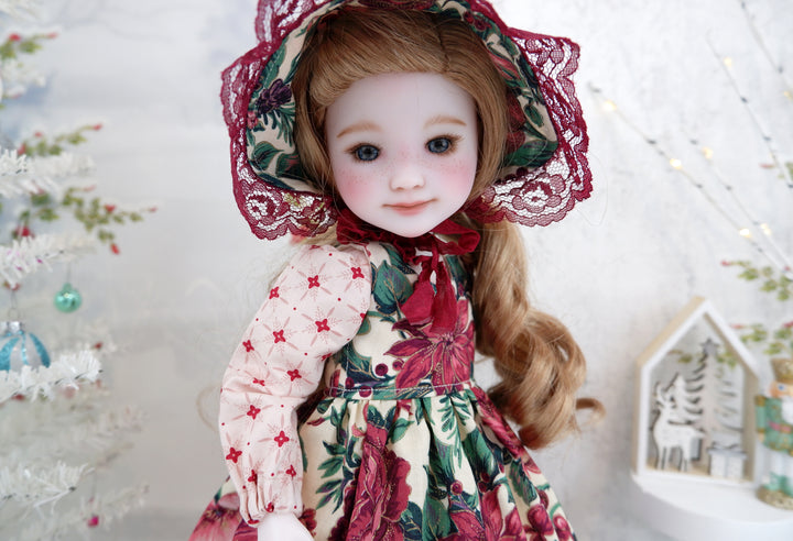 Poinsettia Tapestry - dress &amp; pinafore with boots for Ruby Red Fashion Friends doll
