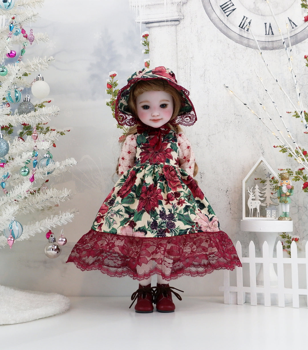 Poinsettia Tapestry - dress &amp; pinafore with boots for Ruby Red Fashion Friends doll