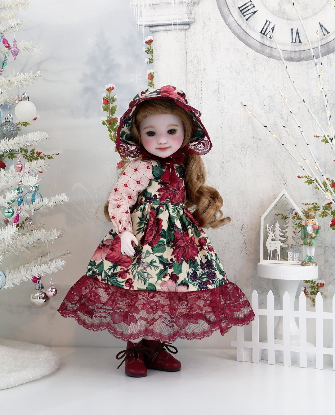 Poinsettia Tapestry - dress &amp; pinafore with boots for Ruby Red Fashion Friends doll