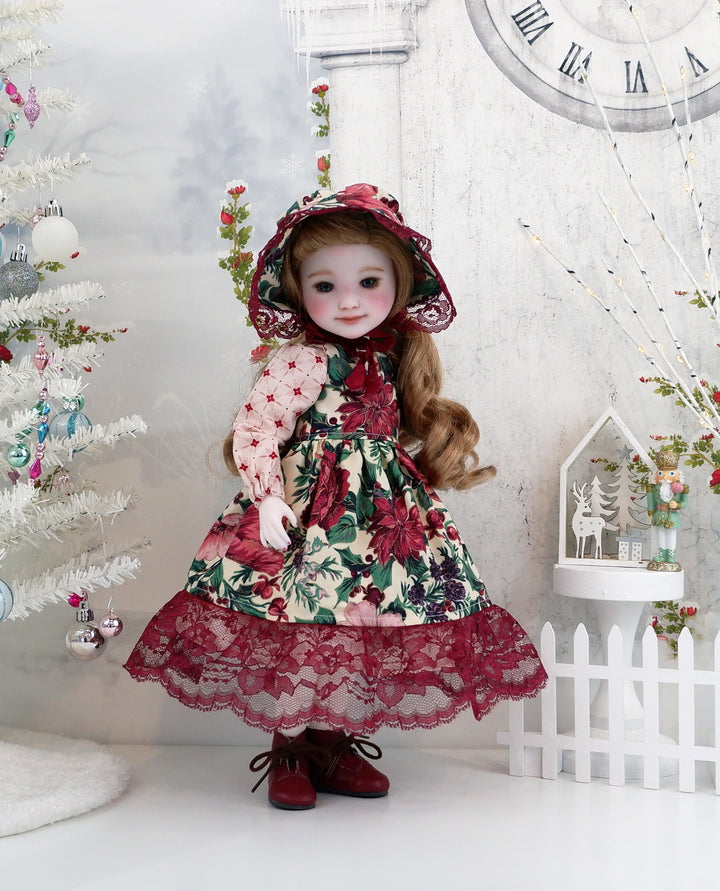 Poinsettia Tapestry - dress &amp; pinafore with boots for Ruby Red Fashion Friends doll