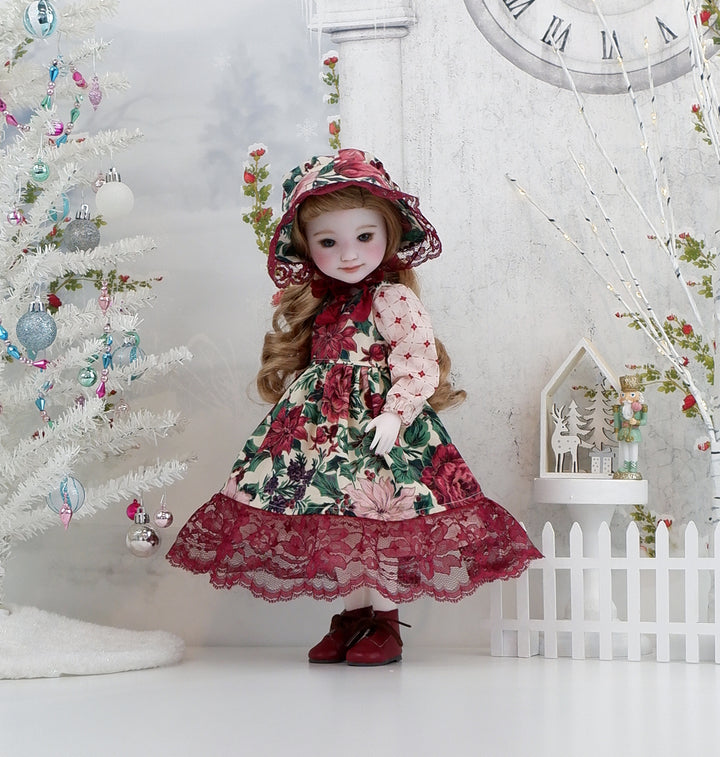 Poinsettia Tapestry - dress &amp; pinafore with boots for Ruby Red Fashion Friends doll