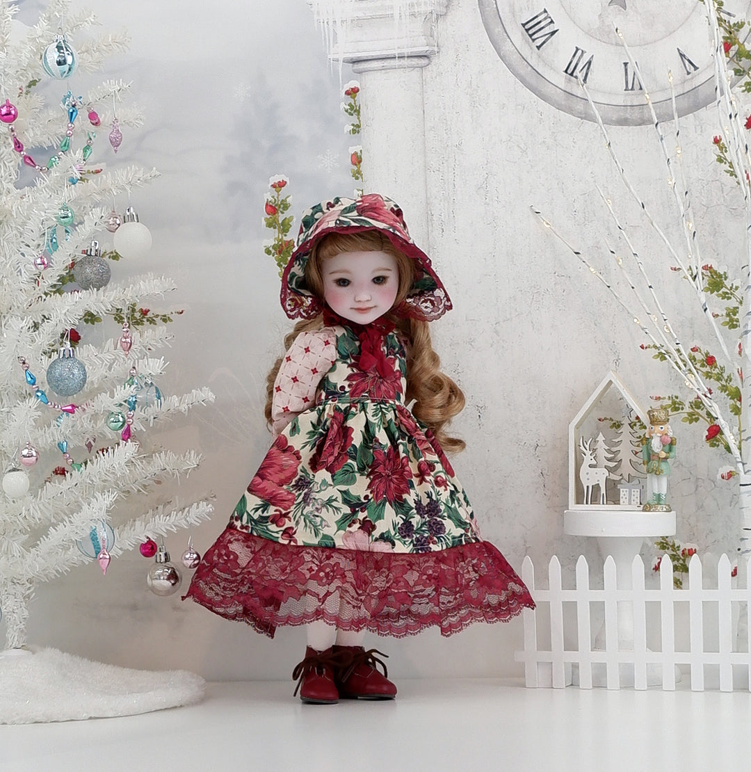 Poinsettia Tapestry - dress &amp; pinafore with boots for Ruby Red Fashion Friends doll