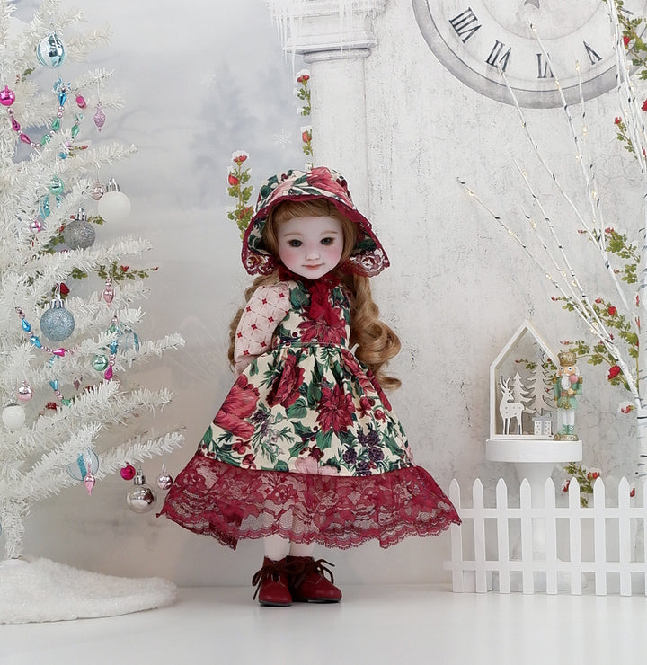 Poinsettia Tapestry - dress &amp; pinafore with boots for Ruby Red Fashion Friends doll