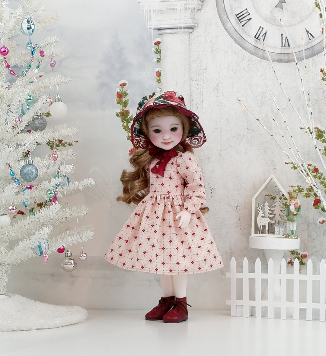 Poinsettia Tapestry - dress &amp; pinafore with boots for Ruby Red Fashion Friends doll