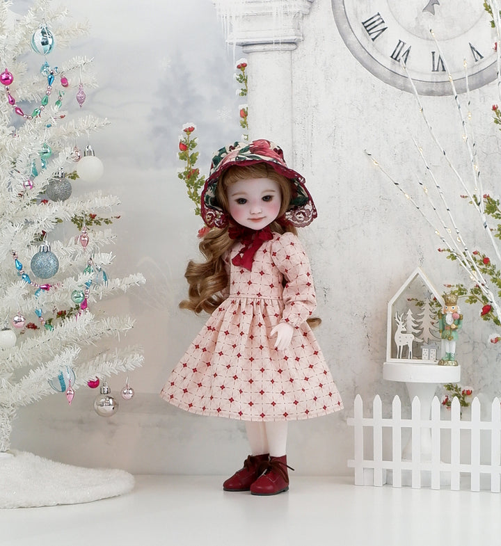 Poinsettia Tapestry - dress &amp; pinafore with boots for Ruby Red Fashion Friends doll