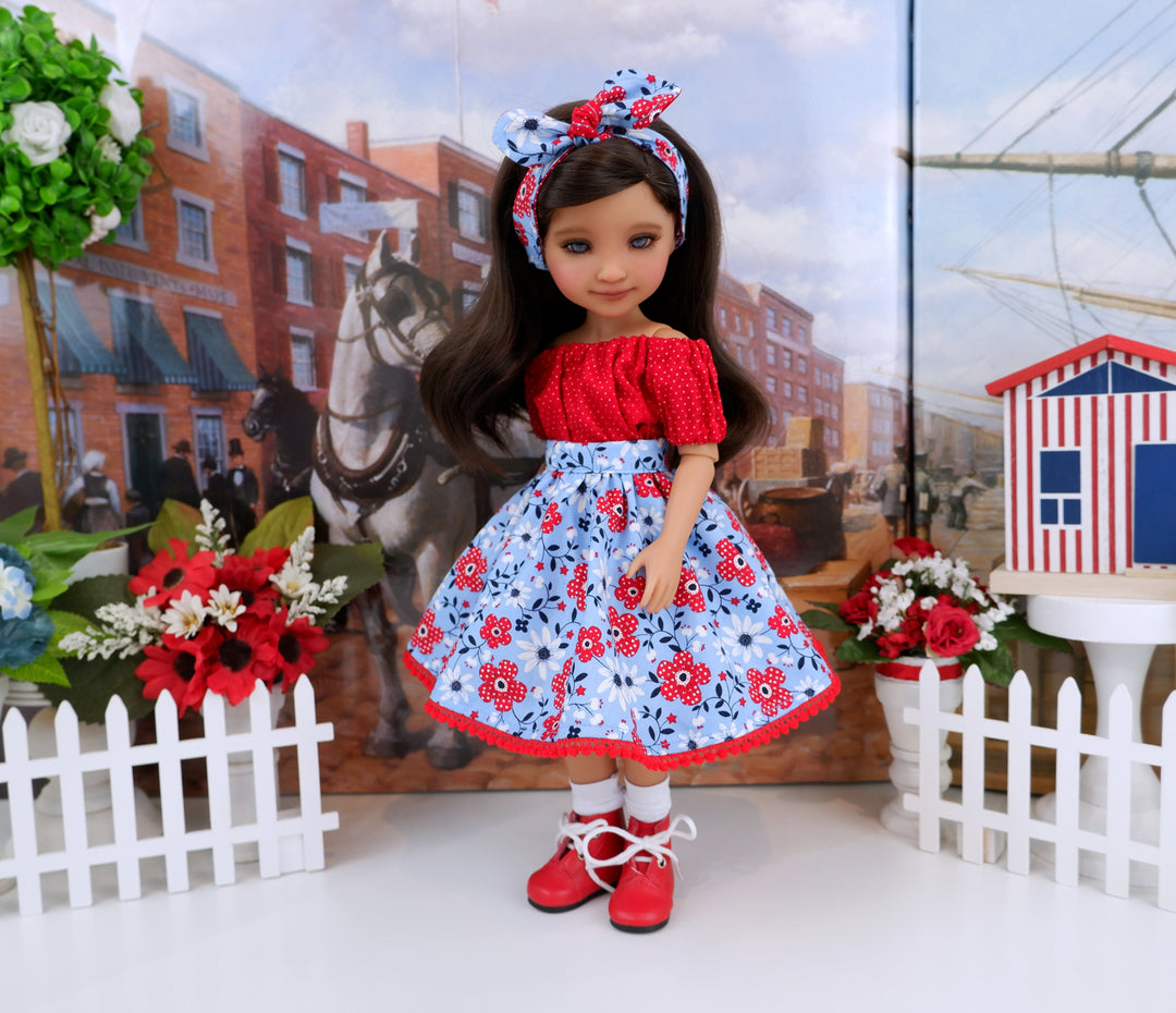 Polka Dot Blooms - blouse & skirt with boots for Ruby Red Fashion Friends doll