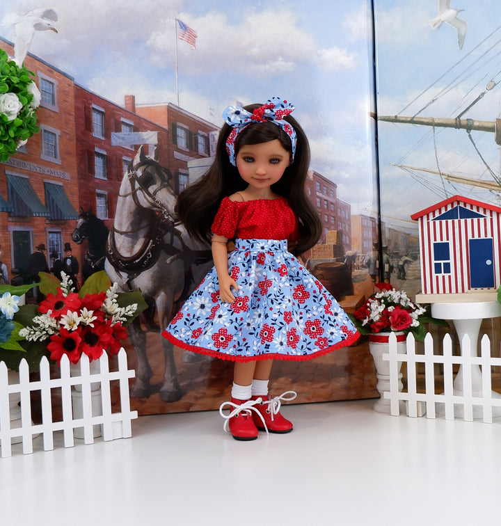 Polka Dot Blooms - blouse & skirt with boots for Ruby Red Fashion Friends doll