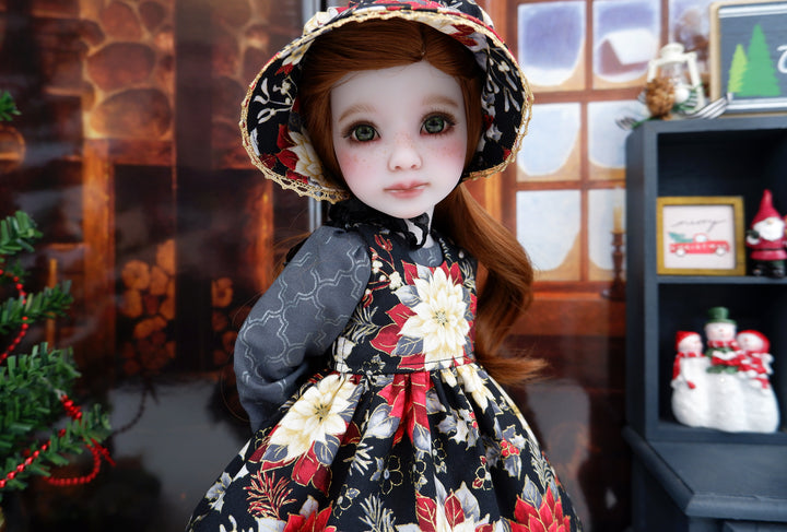 Prestigious Poinsettia - dress &amp; pinafore with boots for Ruby Red Fashion Friends doll