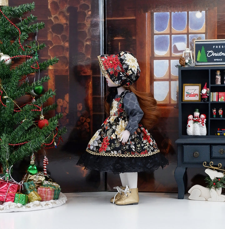 Prestigious Poinsettia - dress &amp; pinafore with boots for Ruby Red Fashion Friends doll