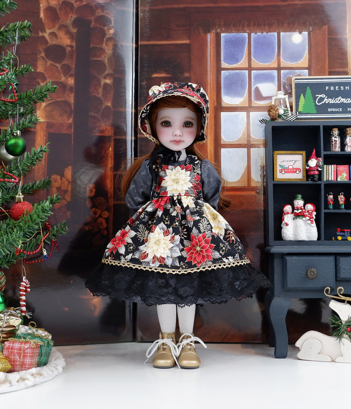 Prestigious Poinsettia - dress &amp; pinafore with boots for Ruby Red Fashion Friends doll
