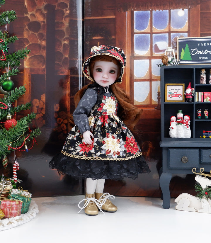 Prestigious Poinsettia - dress &amp; pinafore with boots for Ruby Red Fashion Friends doll
