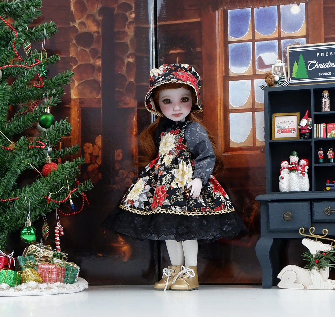 Prestigious Poinsettia - dress &amp; pinafore with boots for Ruby Red Fashion Friends doll
