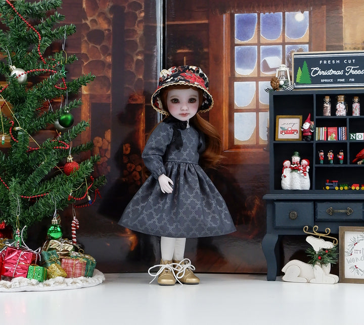 Prestigious Poinsettia - dress &amp; pinafore with boots for Ruby Red Fashion Friends doll