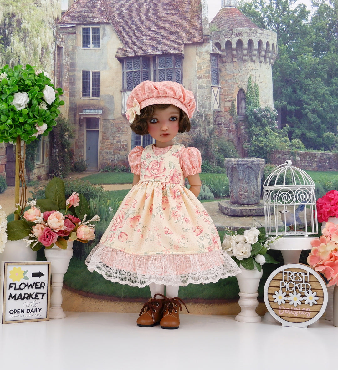 Primavera Roses - dress & pinafore ensemble with boots for Ruby Red Fashion Friends doll