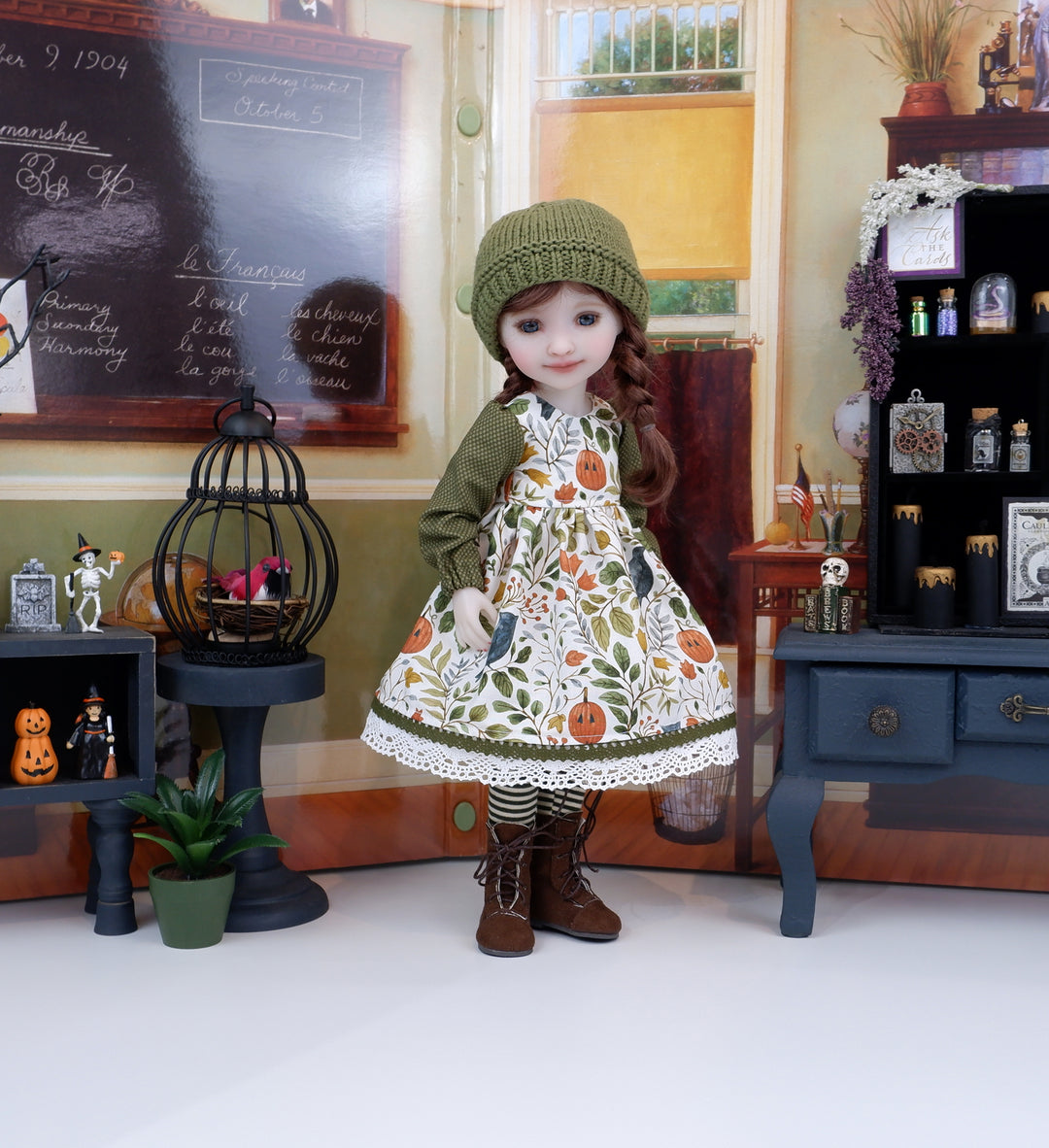 Primitive Halloween - dress ensemble with boots for Ruby Red Fashion Friends doll