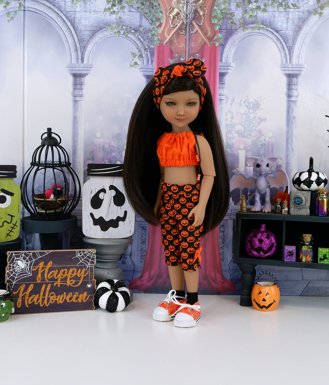 Pumpkin Grins - crop top & capris with shoes for Ruby Red Fashion Friends doll