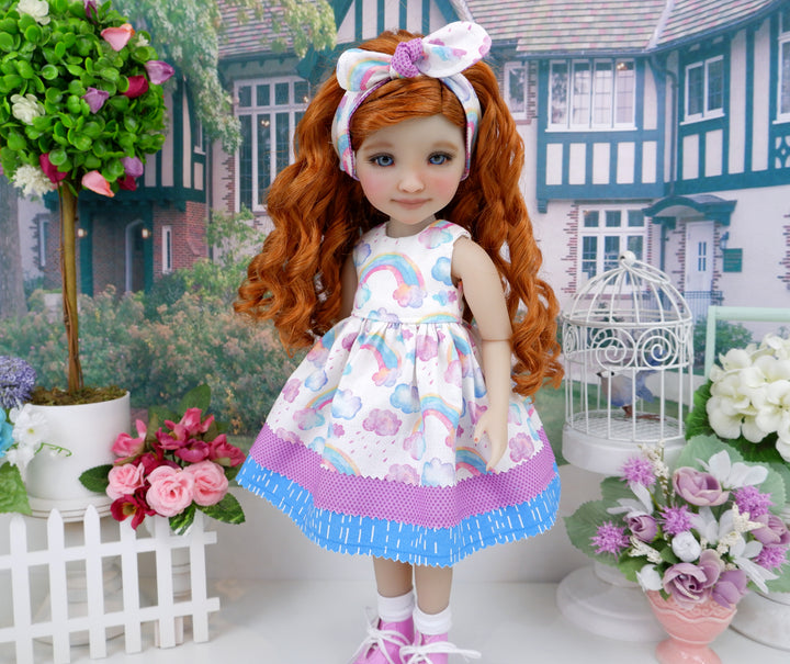 Rainbows & Rain Clouds - dress with boots for Ruby Red Fashion Friends doll