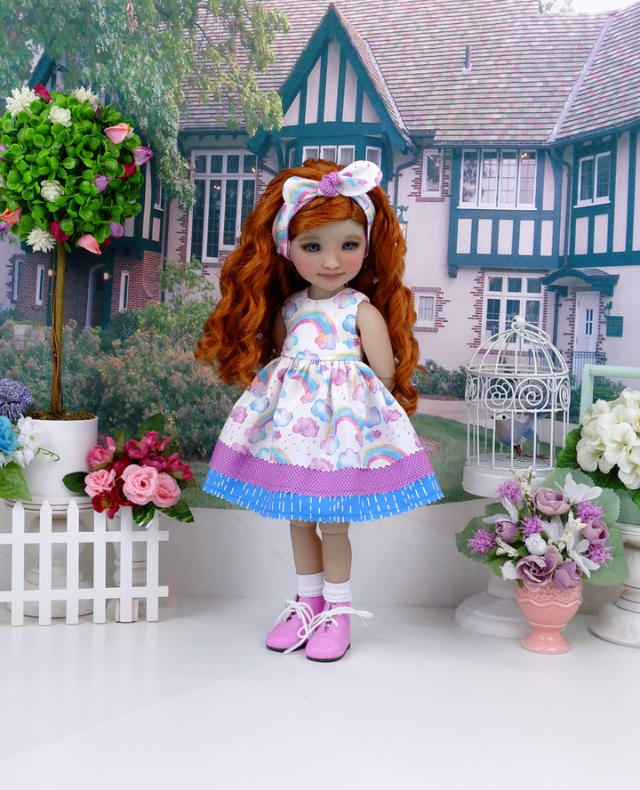 Rainbows & Rain Clouds - dress with boots for Ruby Red Fashion Friends doll