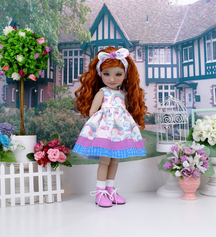 Rainbows & Rain Clouds - dress with boots for Ruby Red Fashion Friends doll