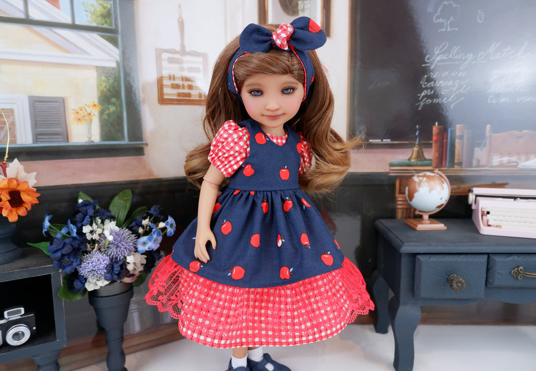 Schoolday Apple - dress & pinafore with shoes for Ruby Red Fashion Friends doll