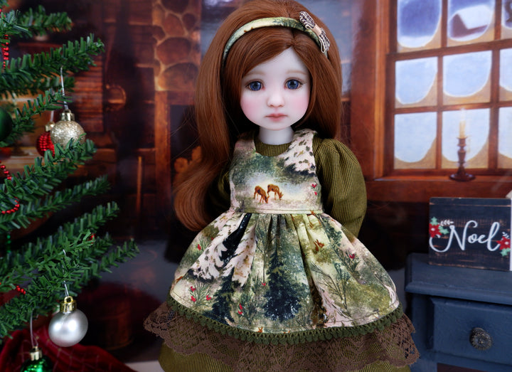 Serene Winter Woods - dress & pinafore with boots for Ruby Red Fashion Friends doll