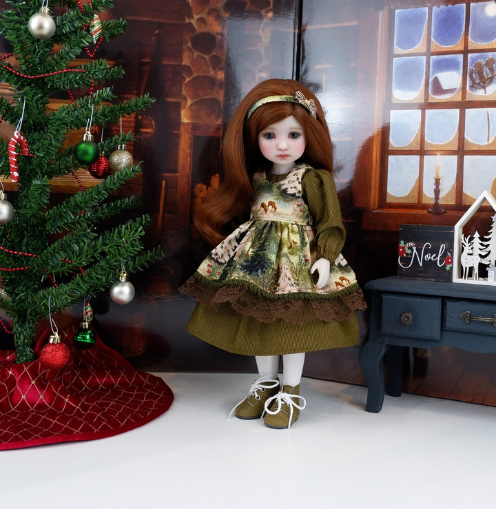 Serene Winter Woods - dress & pinafore with boots for Ruby Red Fashion Friends doll