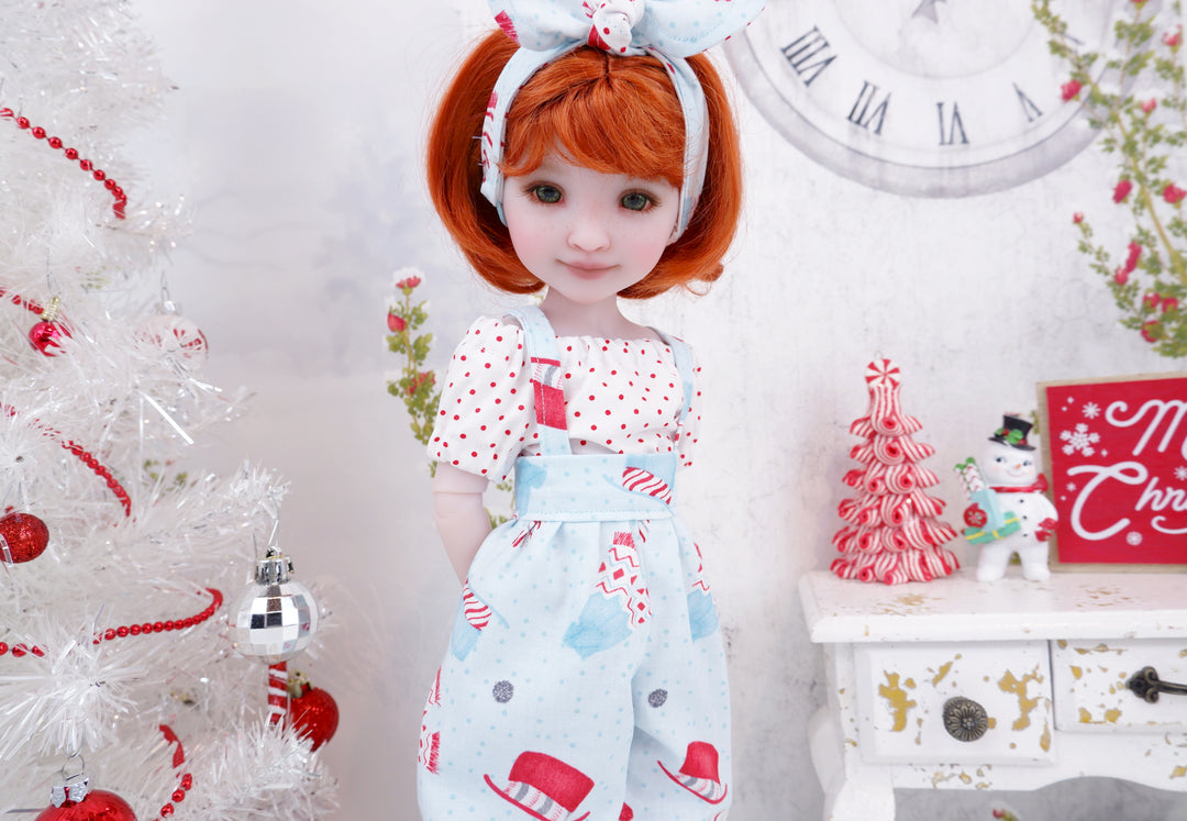 Snowman Attire - blouse & suspender pants with boots for Ruby Red Fashion Friends doll