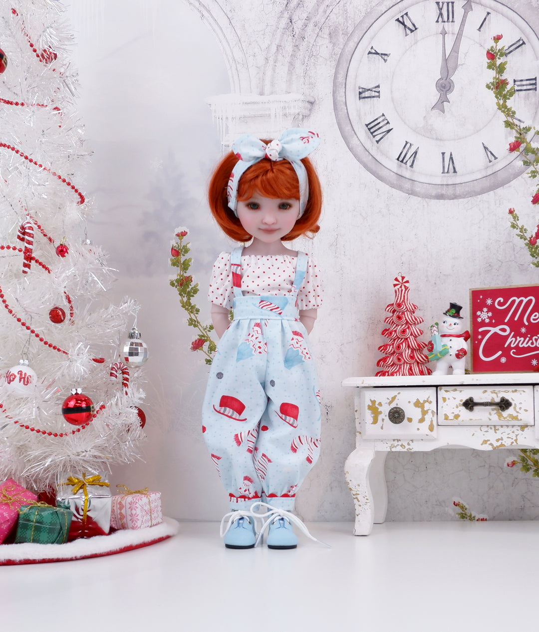 Snowman Attire - blouse & suspender pants with boots for Ruby Red Fashion Friends doll