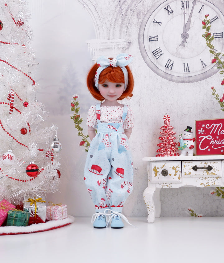 Snowman Attire - blouse & suspender pants with boots for Ruby Red Fashion Friends doll