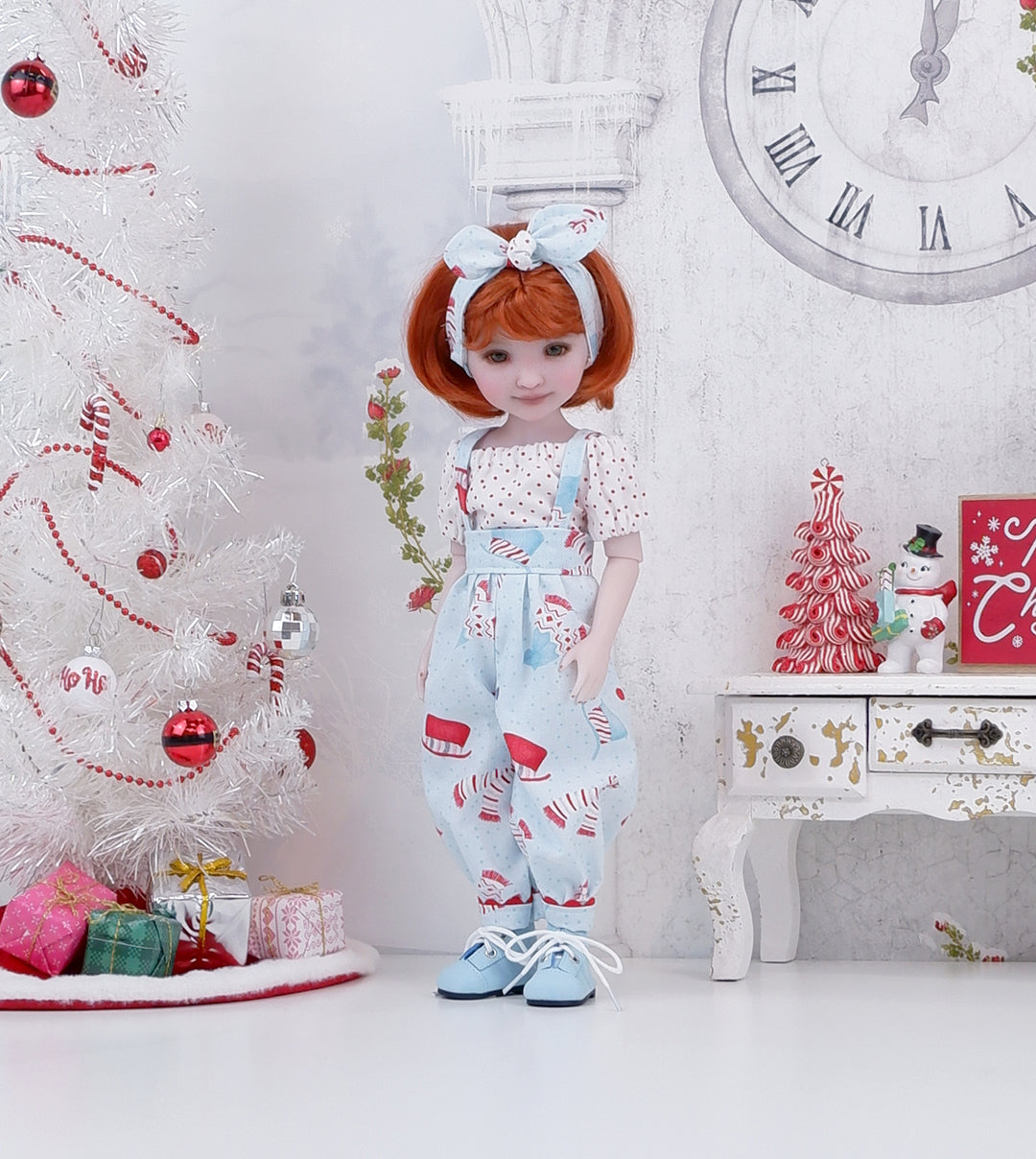 Snowman Attire - blouse & suspender pants with boots for Ruby Red Fashion Friends doll