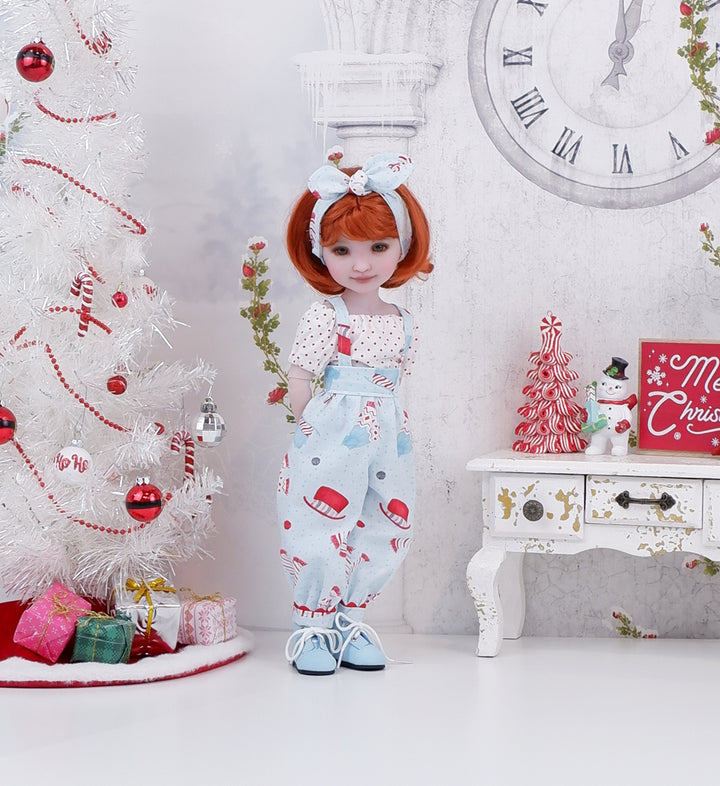 Snowman Attire - blouse & suspender pants with boots for Ruby Red Fashion Friends doll