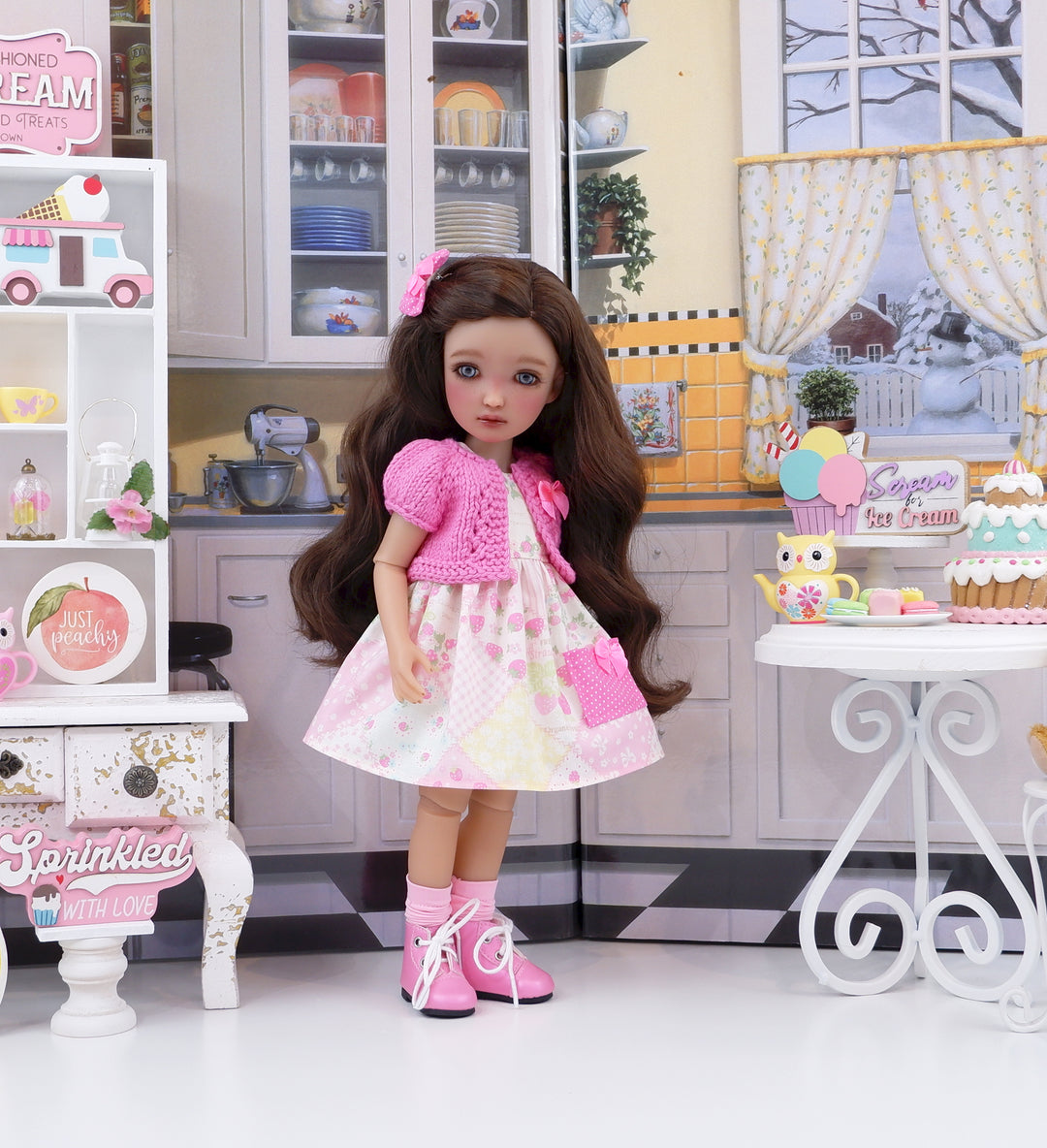 Strawberry Patchwork - dress with sweater & boots for Ruby Red Fashion Friends doll