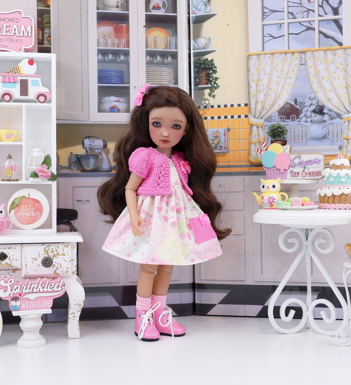 Strawberry Patchwork - dress with sweater & boots for Ruby Red Fashion Friends doll