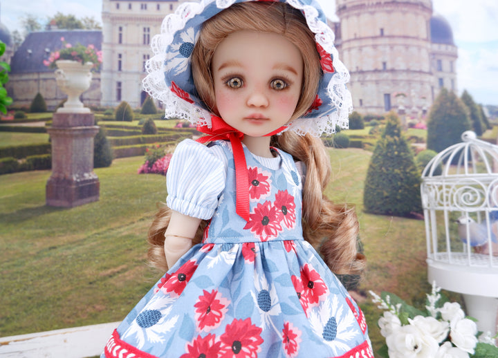 Wedgewood Thistles - dress & pinafore with boots for Ruby Red Fashion Friends doll