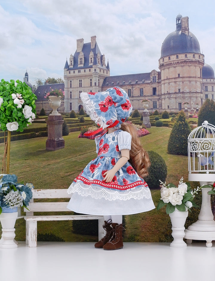 Wedgewood Thistles - dress & pinafore with boots for Ruby Red Fashion Friends doll
