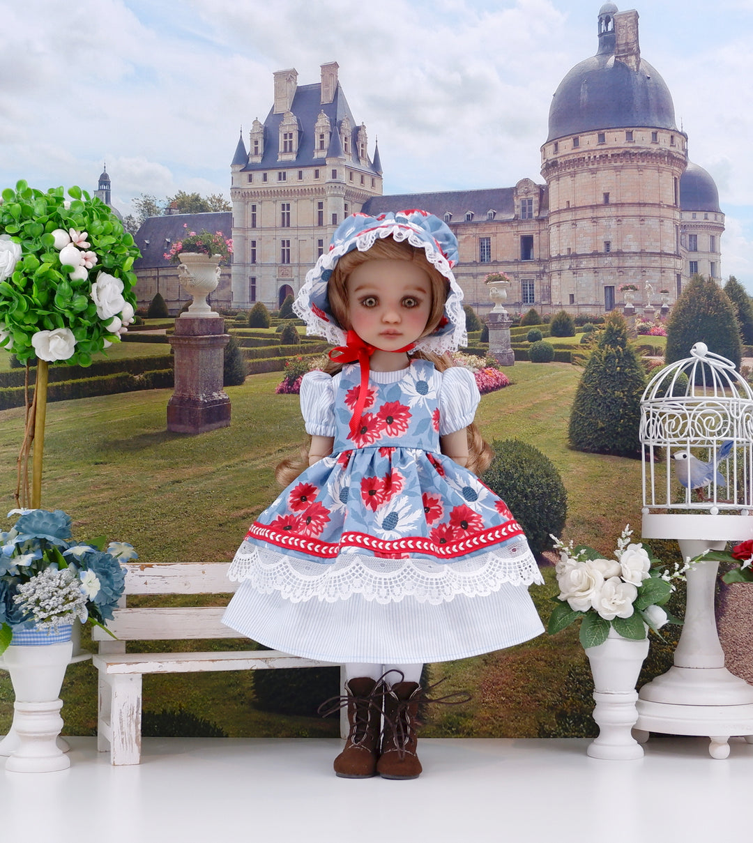 Wedgewood Thistles - dress & pinafore with boots for Ruby Red Fashion Friends doll