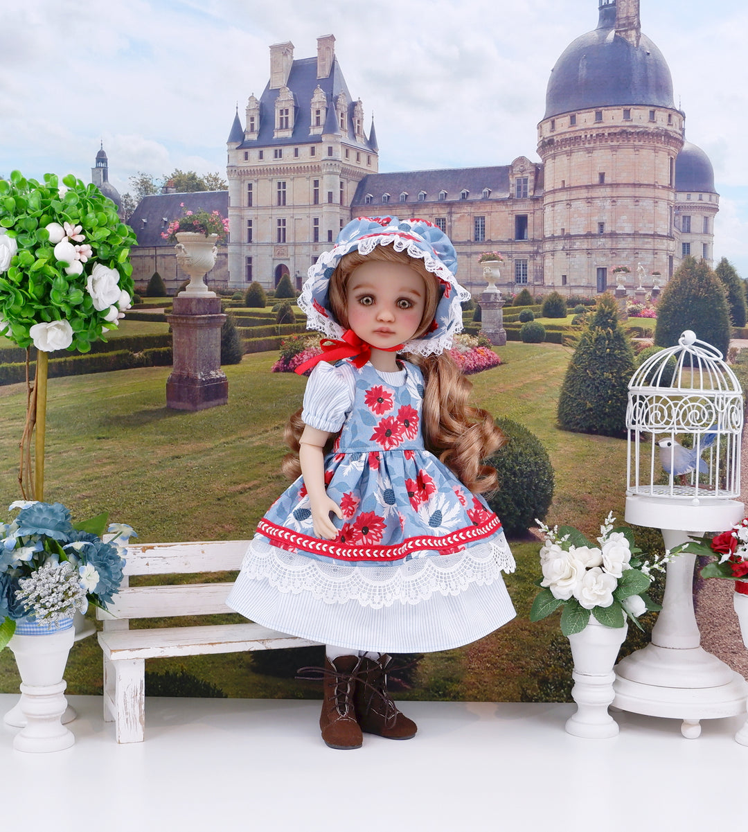 Wedgewood Thistles - dress & pinafore with boots for Ruby Red Fashion Friends doll