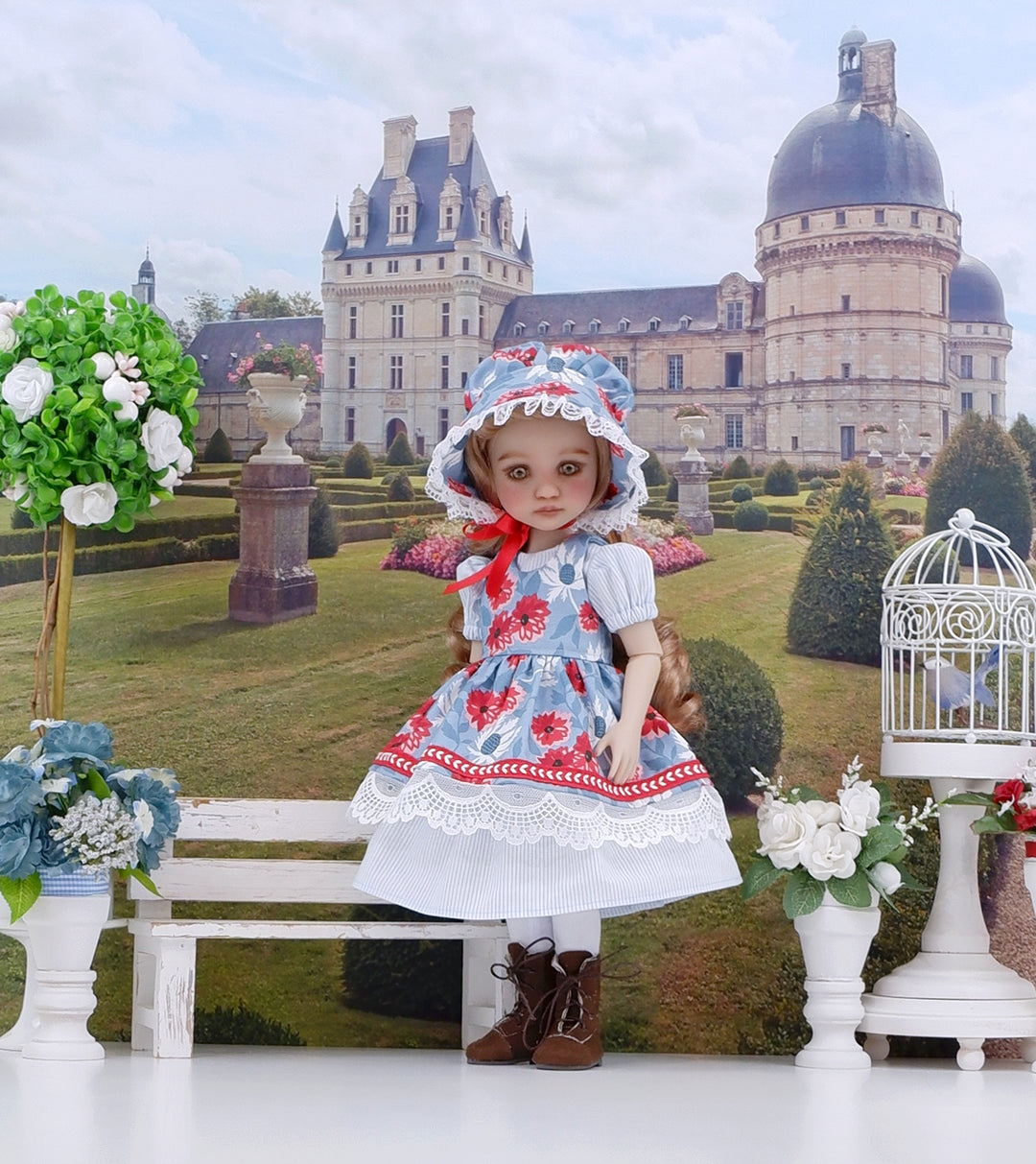 Wedgewood Thistles - dress & pinafore with boots for Ruby Red Fashion Friends doll